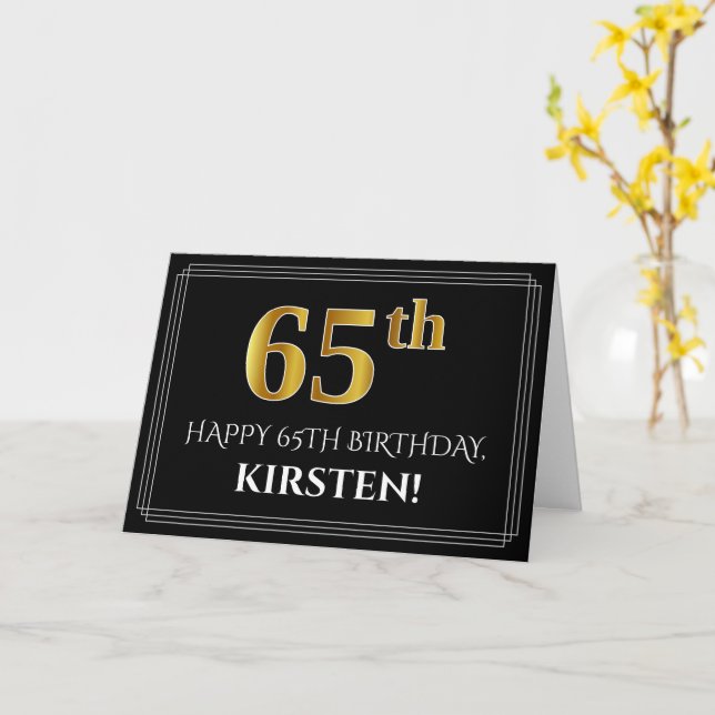 Carte Elégant Faux Gold Look "65ème" Anniversaire + Nom (Fleur jaune)