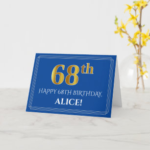 Carte Elégant Faux Gold Look 68e anniversaire, nom (bleu