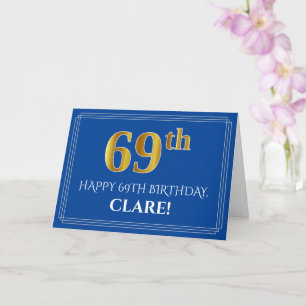 Carte Elégant Faux Gold Look 69e anniversaire, nom (bleu