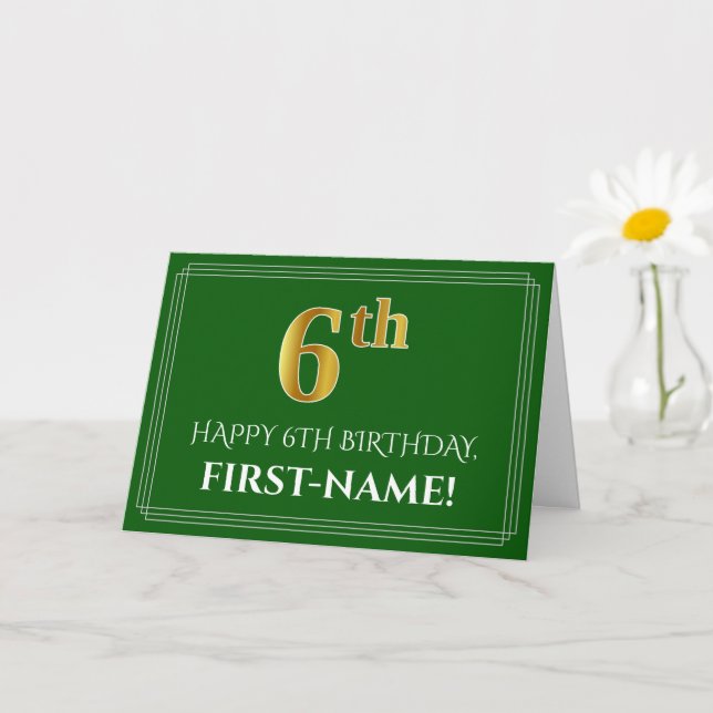 Carte Elégant Faux Gold Look 6e anniversaire, nom (vert) (Petite plante)