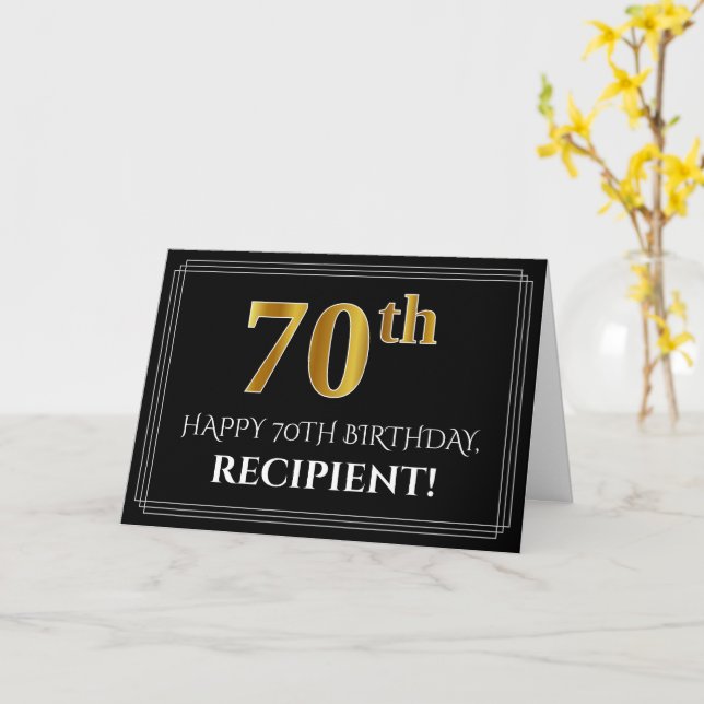 Carte Elégant Faux Gold Look "70ème" Anniversaire + Nom (Fleur jaune)