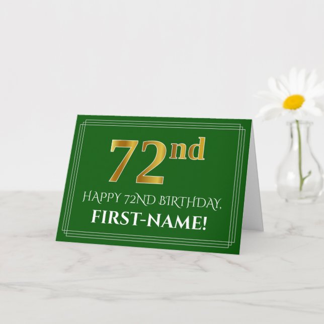 Carte Elégant Faux Gold Look 72e anniversaire, nom (vert (Petite plante)