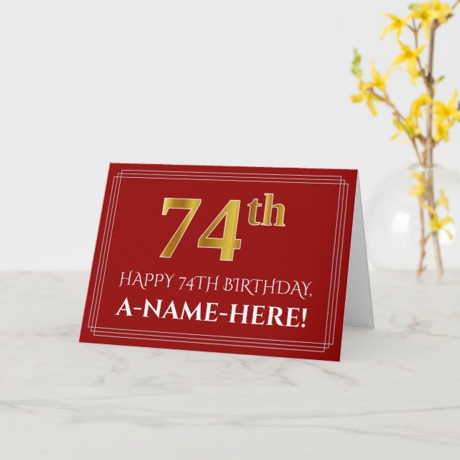 Carte Elégant Faux Gold Look "74ème" Anniversaire, Nom ( (Fleur jaune)
