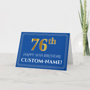 Carte Elégant Faux Gold Look 76e anniversaire, nom (bleu