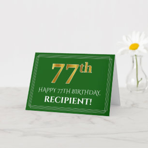 Carte Elégant Faux Gold Look 77e anniversaire, nom (vert