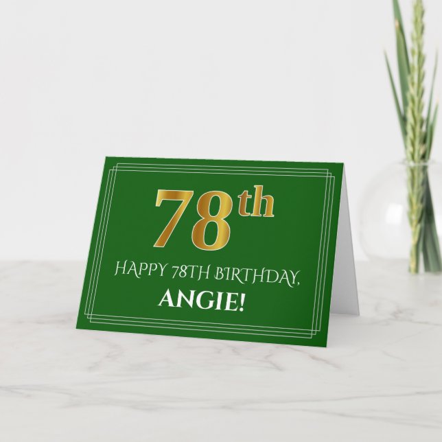 Carte Elegant Faux Gold Look 78th Birthday, Name (Green) (Devant)