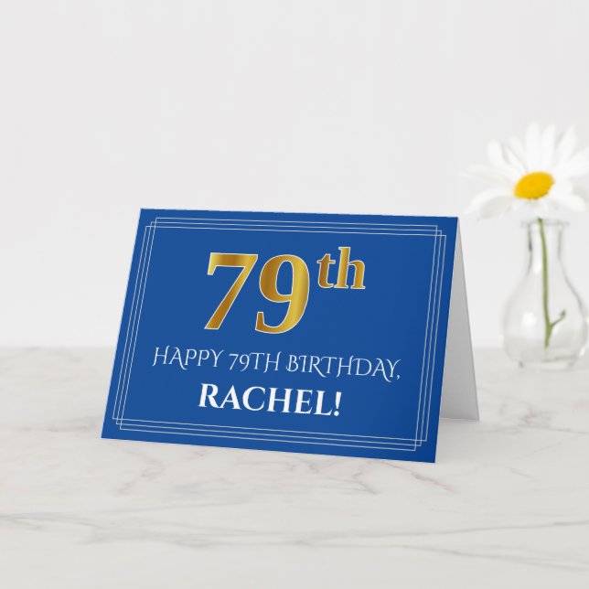 Carte Elégant Faux Gold Look 79e anniversaire, nom (bleu (Petite plante)