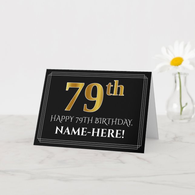 Carte Elégant Faux Gold Look "79ème" Anniversaire + Nom (Petite plante)