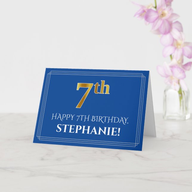 Carte Elégant Faux Gold Look 7e anniversaire, nom (bleu) (Orchidée)