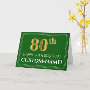 Carte Elégant Faux Gold Look 80e anniversaire, nom (vert