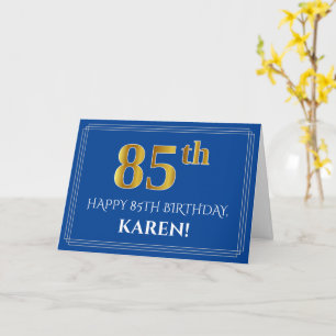 Carte Elégant Faux Gold Look 85e anniversaire, nom (bleu
