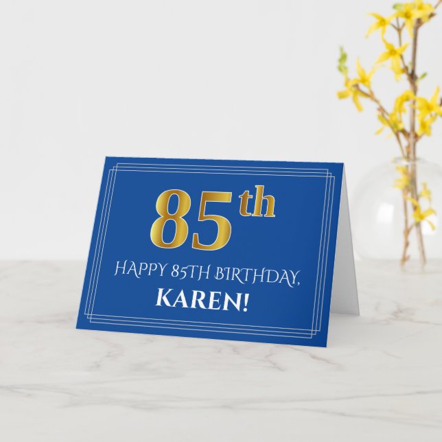 Carte Elégant Faux Gold Look 85e anniversaire, nom (bleu (Fleur jaune)