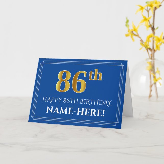 Carte Elégant Faux Gold Look 86e anniversaire, nom (bleu (Fleur jaune)