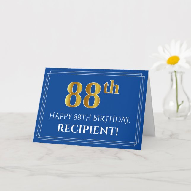 Carte Elégant Faux Gold Look 88e anniversaire, nom (bleu (Petite plante)