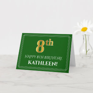 Carte Elégant Faux Gold Look 8e anniversaire, nom (vert)