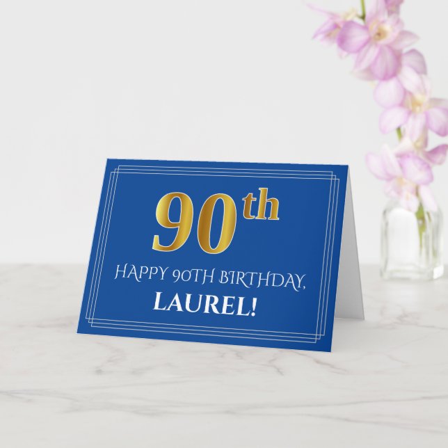 Carte Elégant Faux Gold Look 90e anniversaire, nom (bleu (Orchidée)