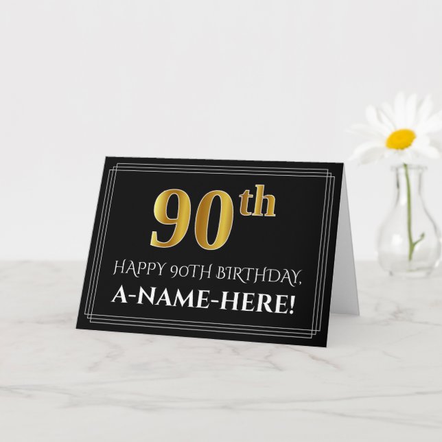 Carte Elégant Faux Gold Look "90ème" Anniversaire + Nom (Petite plante)