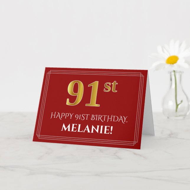 Carte Elégant Faux Gold Look "91ème" Anniversaire, Nom ( (Petite plante)