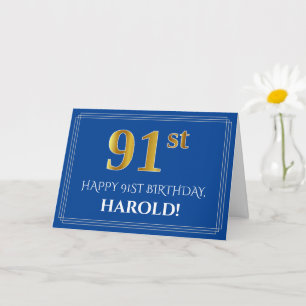 Carte Elégant Faux Gold Look 91ème anniversaire, nom (bl