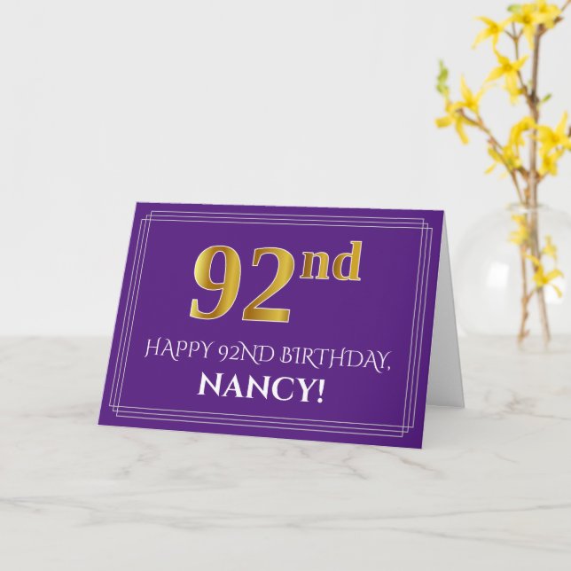 Carte Elégant Faux Gold Look 92e anniversaire, nom; viol (Fleur jaune)