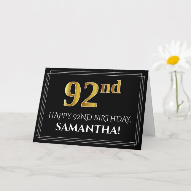 Carte Elégant Faux Gold Look "92ème" Anniversaire + Nom (Petite plante)