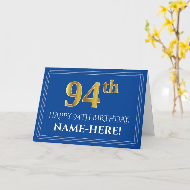 Carte Elégant Faux Gold Look 94e anniversaire, nom (bleu (Fleur jaune)