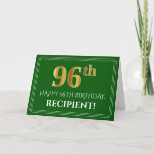 Carte Elégant Faux Gold Look 96e anniversaire, nom (vert