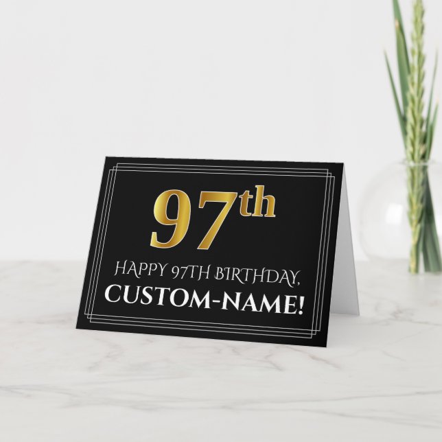 Carte Elégant Faux Gold Look "97th" Anniversaire + Nom (Devant)