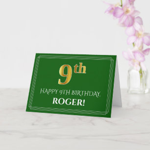 Carte Elégant Faux Gold Look 9e anniversaire, nom (vert)