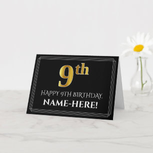 Carte Elégant Faux Gold Look "9ème" Anniversaire + Nom