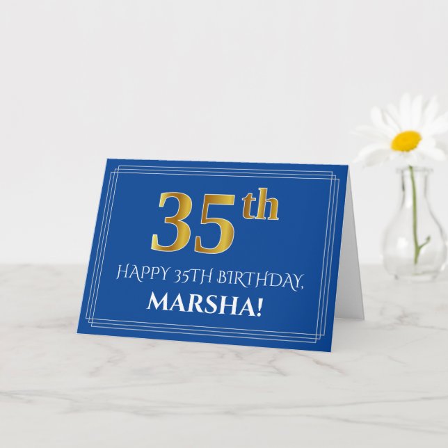 Carte Élégant Faux Or 35e Anniversaire, Nom (Bleu) (Petite plante)