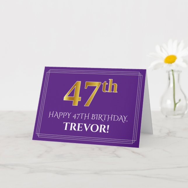Carte Élégant Faux Or 47e Anniversaire, Nom; Violet (Petite plante)