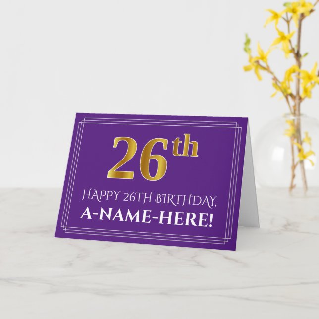 Carte Élégant Faux Or Look 26e Anniversaire, Nom; Violet (Fleur jaune)