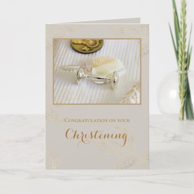 Carte Élégant Feuille d'or Baptême / Christening Photo (Devant)