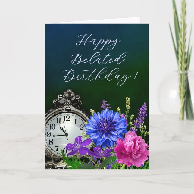 Carte Elegant Floral Clock Belated Birthday Card (Devant)