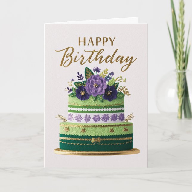 Carte Elegant Floral Green Purple Gold Birthday Cake (Devant)