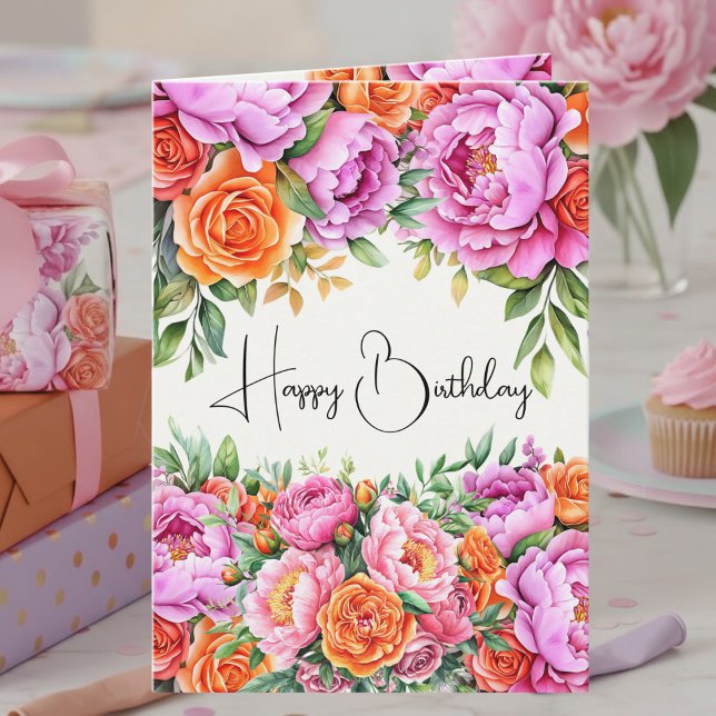 Carte Elegant Floral Orange Pink Peonies Happy Birthday (Créateur téléchargé)