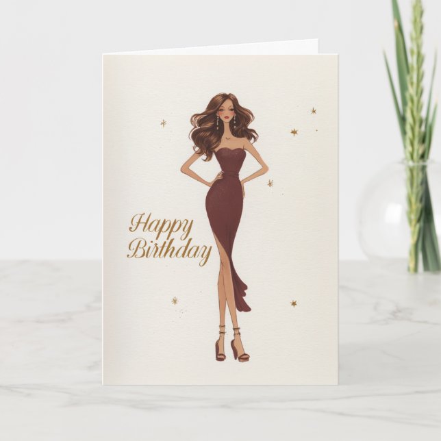 Carte Elegant Glam Brunette Brown Gown Fashionista BDay (Devant)