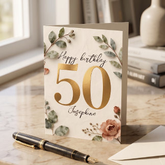 Carte Elegant Gold Numbers Botanical 50th Birthday Card