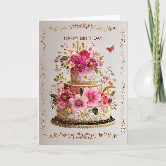 Carte Elegant Gold & Pink Birthday Cake Card (Devant)