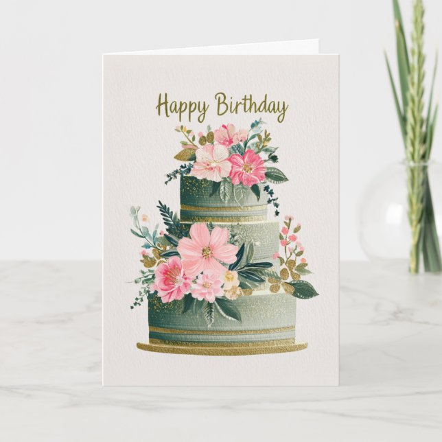 Carte Elegant Gold, Pink & Green Floral Birthday Cake (Devant)