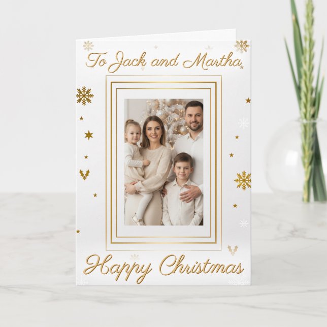 Carte Elegant Gold & White Family Photo Christmas Card (Devant)