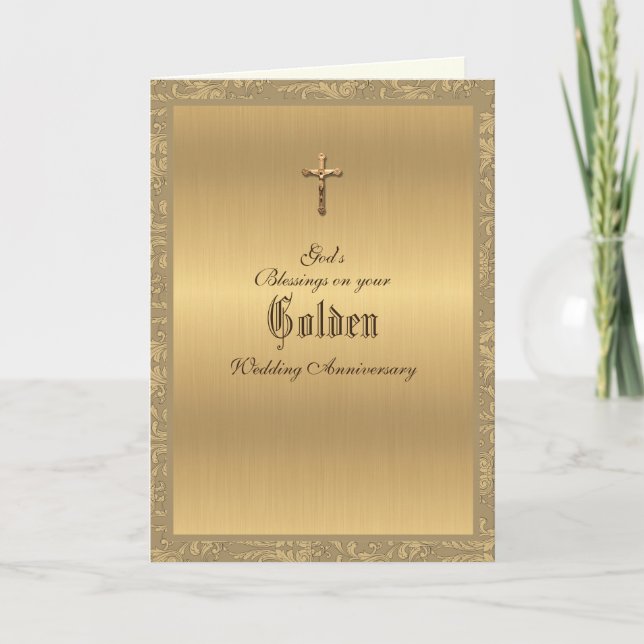 Carte Elégant Golden 50e anniversaire Mariage Religieux (Devant)