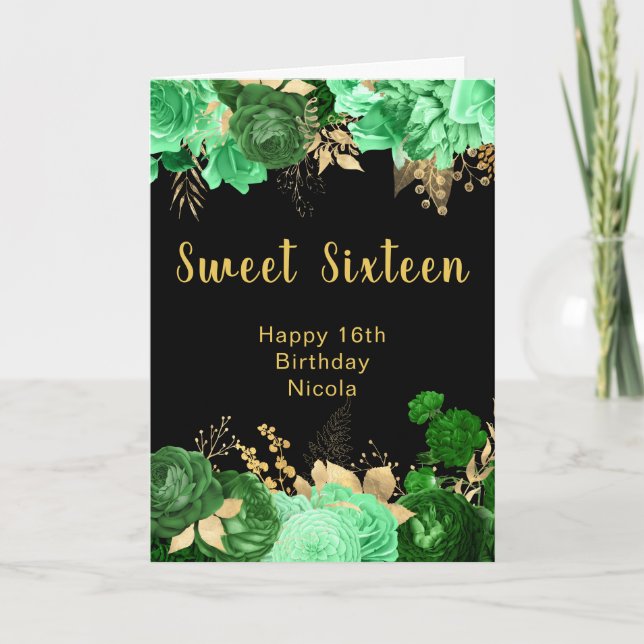 Carte Elegant Green and Gold Flowers Sweet Sixteen (Devant)