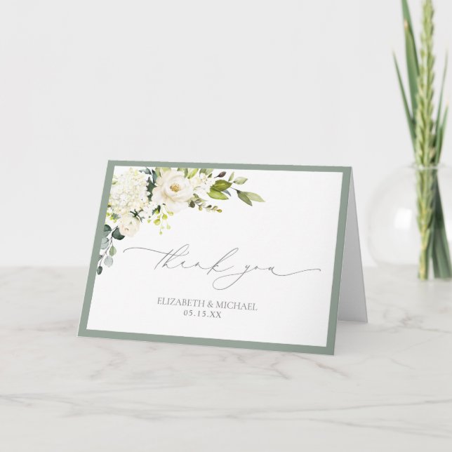 Carte Elégant gris vert Aquarelle Floral Photo Mariage (Devant)