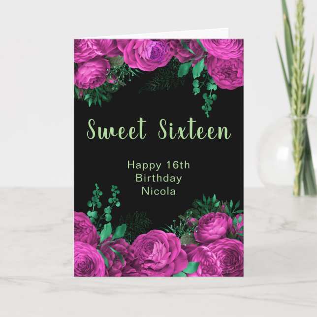 Carte Elegant Hot Pink Flowers Sweet Sixteen (Devant)
