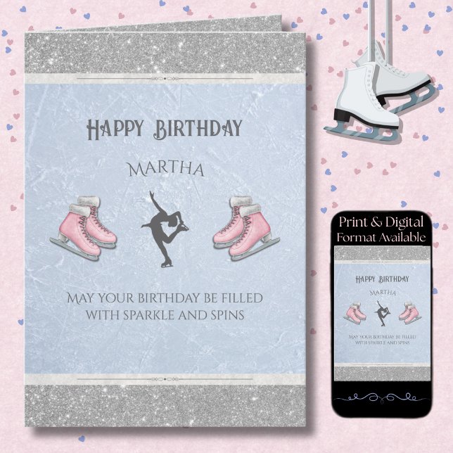 Carte Elegant Ice Skating Glitter Figure Skate Birthday  (Send a card with grace and style with a personalized figure skater birthday card )
