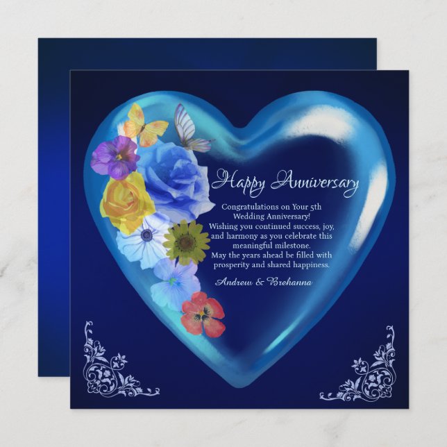 Carte Elégant Joyeux 5e anniversaire Mariage Heart Navy (Devant / Derrière)
