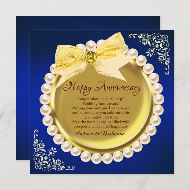 Carte Elégant Joyeux 5e anniversaire Mariage Or & Marine (Devant / Derrière)