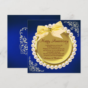 Carte Elégant Joyeux 5e anniversaire Mariage Or & Marine